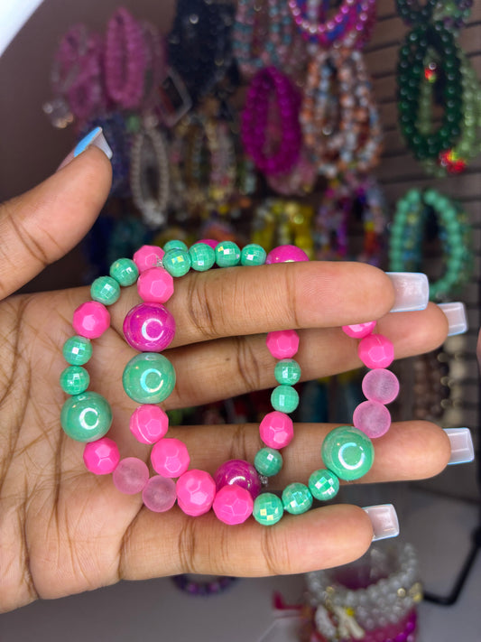 Pink and green beaded bracelet